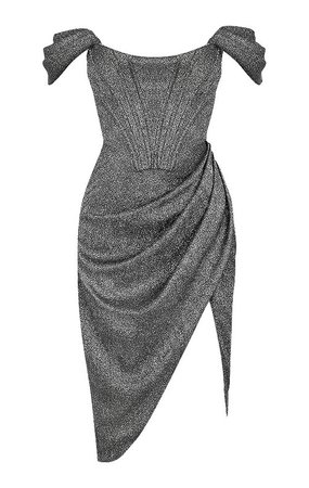 Clothing : Bodycon Dresses : 'Loretta' Silver Sparkle Off Shoulder Dress