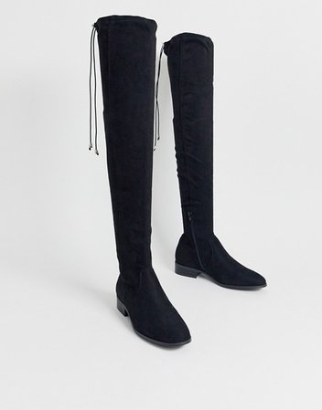 ASOS DESIGN Kayden petite flat thigh high boots in black | ASOS
