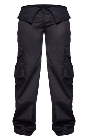 Black Woven Fold Over Waist Wide Leg Trousers | PrettyLittleThing CA