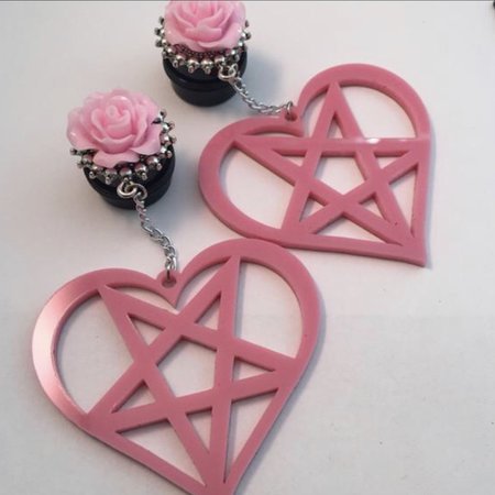 Pastel Goth Pink Rose & Pentagram Heart Earrings