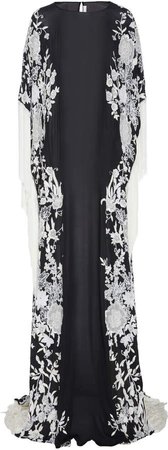 Fringed Floral-Embroidered Silk Caftan