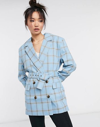ASOS DESIGN mansy double breasted suit blazer in blue grid check | ASOS