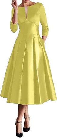 JKDRESS A-Line Cocktail Dresses Minimalist Dress Party Dress Tea Length Jewel Neck Wedding Guest Satin with Pleats 2023 at Amazon Women’s Clothing store