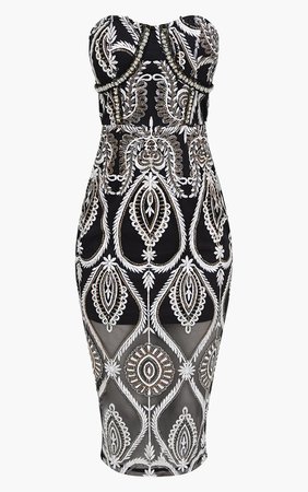 Premium Black Sequin Embroidered Bandeau Midi Dress | PrettyLittleThing