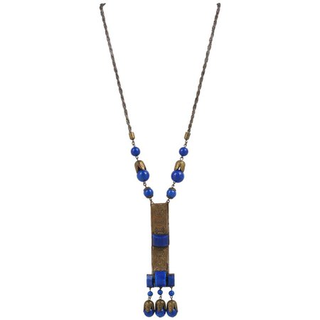 1920s Czech Art Deco Blue Lapis Glass Etched Brass Sautoir Pendant Necklace For Sale at 1stdibs