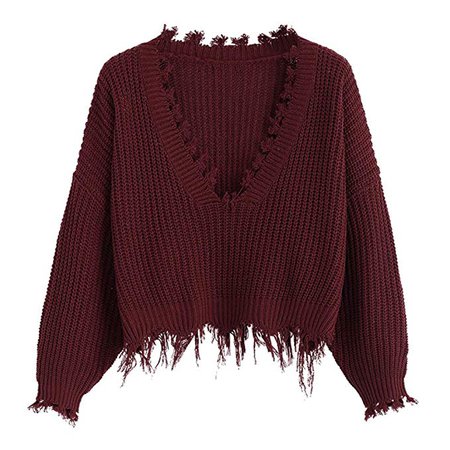 ZAFUL Women's Loose Long Sleeve V-Neck Ripped Pullover Knit Sweater Crop Top (Wine Red) at Amazon Women’s Clothing store