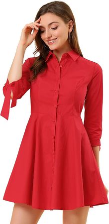 Allegra K Women's Turn Down Collar Button Down Cotton Skater Shirt Dress at Amazon Women’s Clothing store