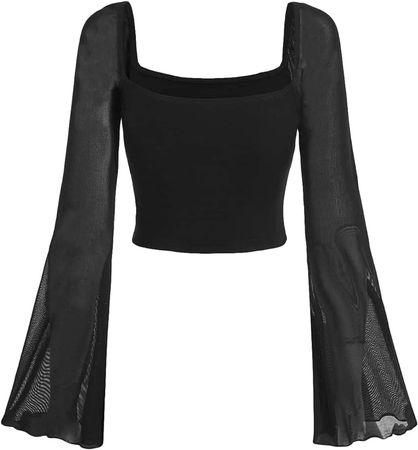Verdusa Women's Long Sleeve Square Neck Contrast Mesh Sheer Flounce Sleeve Crop Top at Amazon Women’s Clothing store
