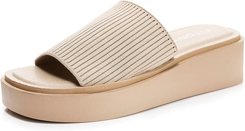 Amazon.com | FITORY Women's Knit Platform Sandals Comfort Wedge Slides Slippers for Summer Size 9 Camel | Slides