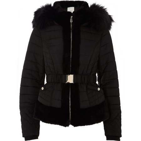 Black padded faux fur hood belted coat - Jackets - Coats & Jackets - women