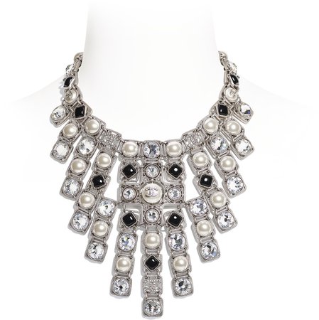 Necklace, metal, crystal pearls, artificial pearls, crystal and rhinestones, silver, mother of pearl white, black and crystal - CHANEL