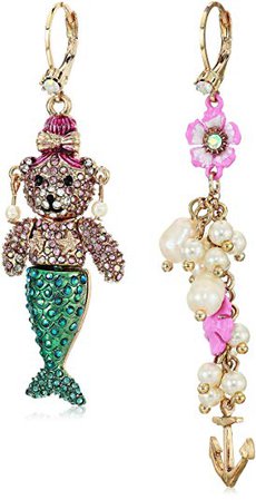 Betsey Johnson Pave Mermaid Bear & Pearl Cluster Mismatch Drop Earrings, Multi, One Size: Clothing