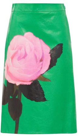 Rose Print Leather Skirt - Womens - Green Print