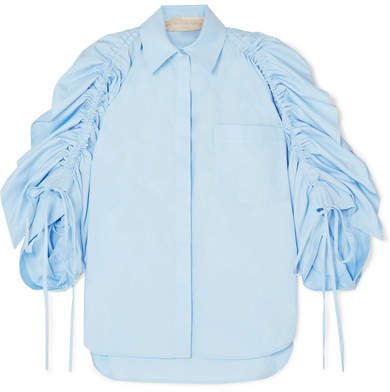 Ruched Cotton-poplin Shirt - Blue