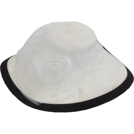 White/Black Crinoline Flower Paper Braid Wide Brim Dressy Derby Hat