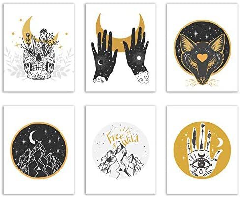 Spiritual Occult Prints - Set of 6 (8x10 Inches) Glossy Wall Art Decor Mystic Bohemian Hipster - Nature - Alchemy - Astrology - Skull - Wolf: Posters & Prints