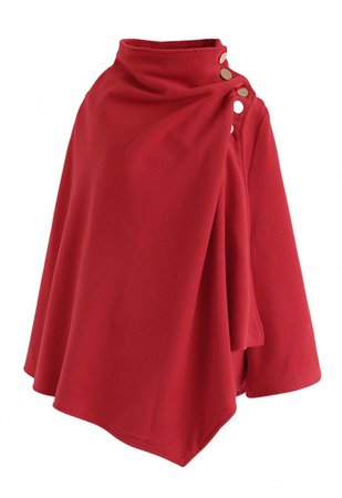 Asymmetric Hem Button Wrap Cape Coat in Red - Retro, Indie and Unique Fashion