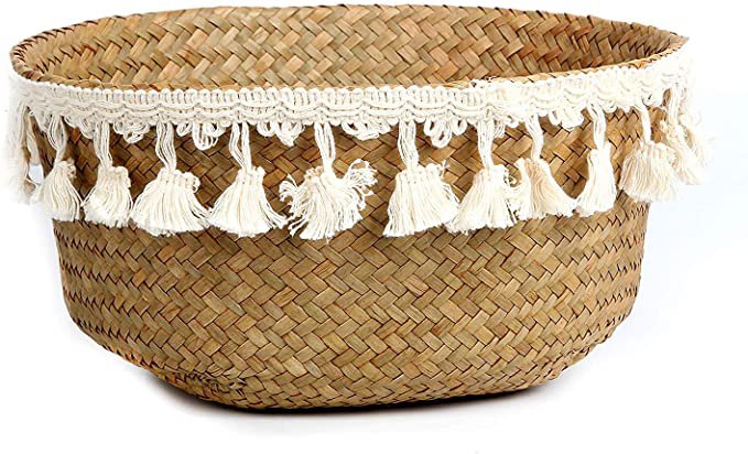 Amazon.com: BlueMake Tassel Macrame Woven Seagrass Belly Basket for Storage, Decoration, Laundry, Picnic, Plant Basin Cover, Groceries and Toy Storage (Small, Tassel): Home & Kitchen