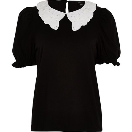 Black embroidered collar puff sleeve top | River Island