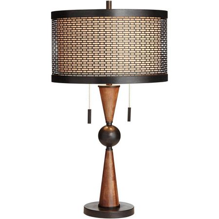 Franklin Iron Works Hunter Modern Rustic Farmhouse Table Lamp 29 3/4" Tall Cherry Wood Bronze Metal Double Drum Shade For Bedroom Living Room House : Target