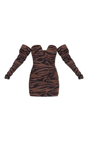 Tan Zebra Bardot Exaggerated Sleeve V Bar Bodycon Dress | PrettyLittleThing USA