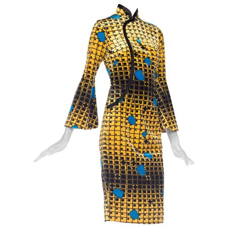 1960S Mod Chinesse Geometric Silk Velvet Dress