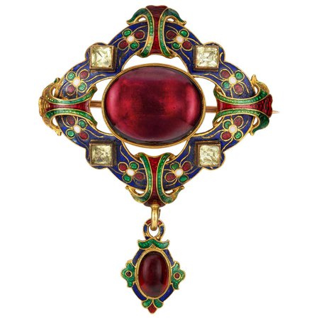 Victorian Holbeinesque Garnet and Chrysoberyl Brooch For Sale at 1stDibs
