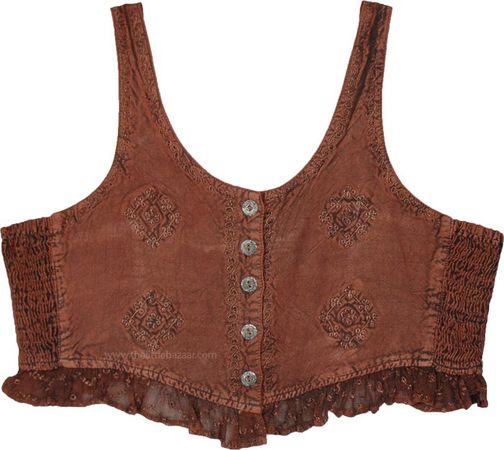 Brown Bask Buttoned Frilled Boho Crop Top | Tunic-Shirt | Brown | Embroidered, Bohemian