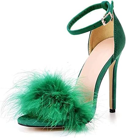 Amazon.com | MMJULY Women's Open Toe Ankle Strap Fluffy Feather Stiletto High Heel Dress Sandal Green US 8.5 | Heeled Sandals