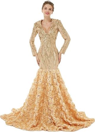 Amazon.com: Datangep Long Sleeves V Neck Mermaid Evening Dress Women's Prom Dress Rose Lace Sequined Formal Party Gowns : Clothing, Shoes & Jewelry