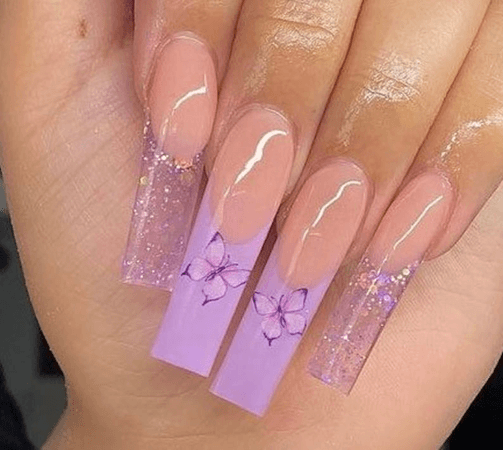 French Tip Purple & Pink Butterflies with Press on Nails