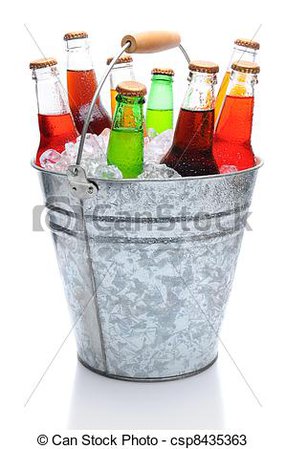 Assorted soda bottles in ice bucket. Assorted soda bottles in a metal bucket full of ice. vertical format over white with reflection.