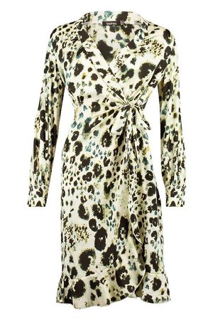 Satin Leopard Print Wrap Ruffle Midi Skater Dress | Boohoo stone