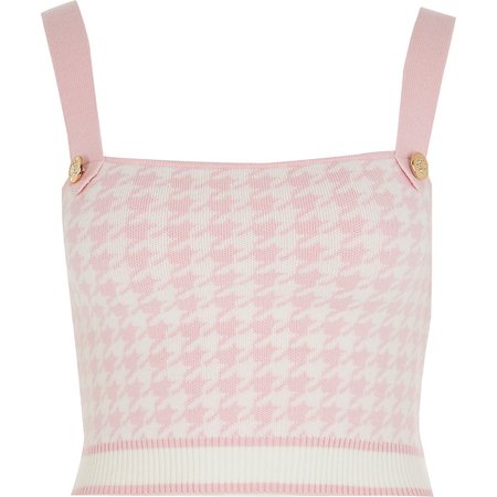 Pink houndstooth knit crop cami top | River Island