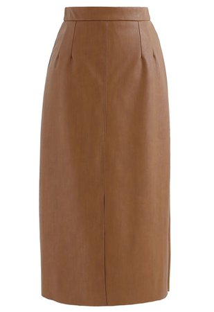 Vent Hem Faux Leather Pencil Skirt in Caramel - Retro, Indie and Unique Fashion