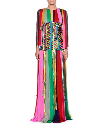 dolce & gabbana Long-Sleeve Rainbow-Striped Chiffon Gown