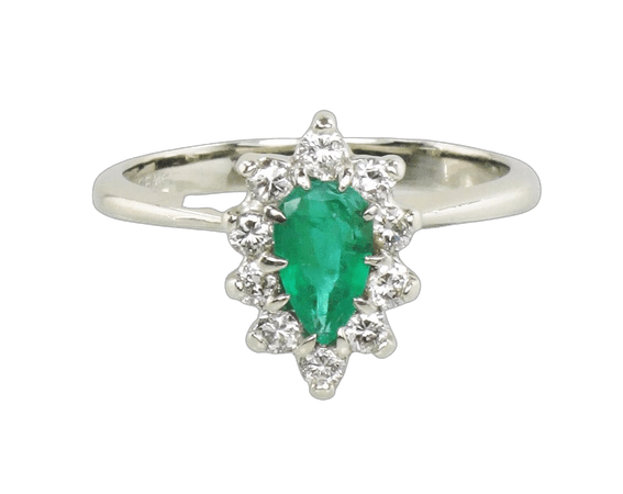 Vintage 14k Emerald Ring Diamond Ring 14k White Gold Pear Shaped Natural Emerald Diamond Halo Ring Statement Ring May Birthstone Size 7.5