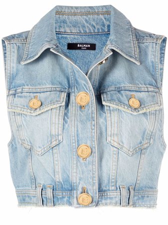 Shop Balmain sleeveless cropped denim jacket with Express Delivery - FARFETCH
