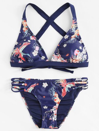Flower & Crane Bird Print Strappy Bikini Set