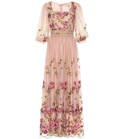 Floral-embroidered tulle gown