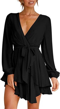 Womens Long Sleeve Dresses Deep V-Neck Ruffle Tie Waist Mini Dress Brown M at Amazon Women’s Clothing store