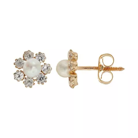 Google Express - Charming Girl Freshwater Cultured Pearl 14k Gold Flower Stud Earrings - Made with Swarovski Cubic Zirconia - Kids, Yellow