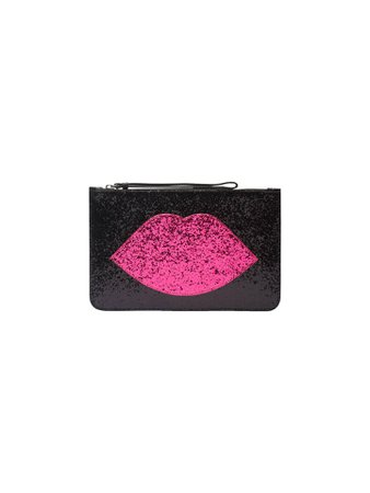 Lulu Guinness Glitter Lip Grace Clutch Bag, Black/Hot Pink at John Lewis & Partners
