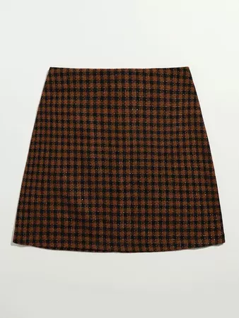 Gingham Wool-Mix Fabric Skirt | SHEIN USA brown