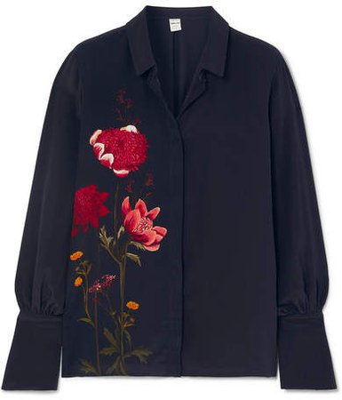 Net Sustain And Bbc Earth Miles Faux Pearl-embellished Floral-print Organic Silk Shirt - Navy