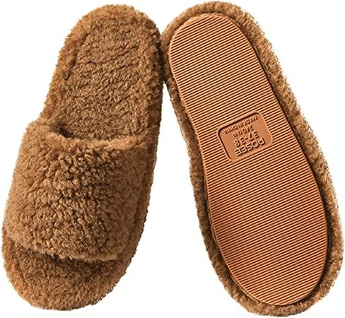 Brown Posee Fuzzy Memory Foam Slippers for Women, Fluffy Open Toe Slippers Curly Fur Cozy Flat Spa Slide Slippers Comfy Soft Non-Slip House Shoes Indoor and Outdoor, Warm Gift | Slippers