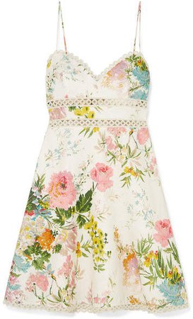 Heather Lace-trimmed Floral-print Linen Mini Dress - Cream
