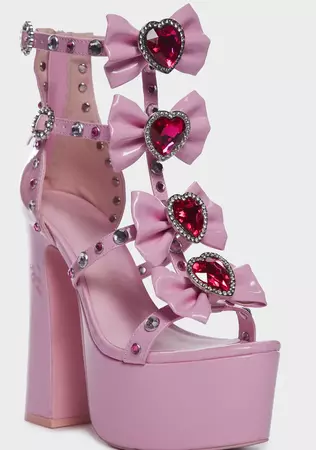 Sugar Thrillz PVC Rhinestone Heart Bow Platform Heels - Pink – Dolls Kill