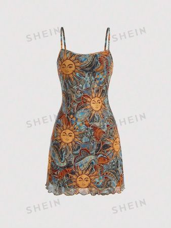 SHEIN MOD Retro Vintage Clothes Women's Sun Face Print Spaghetti Strap Sundress | SHEIN