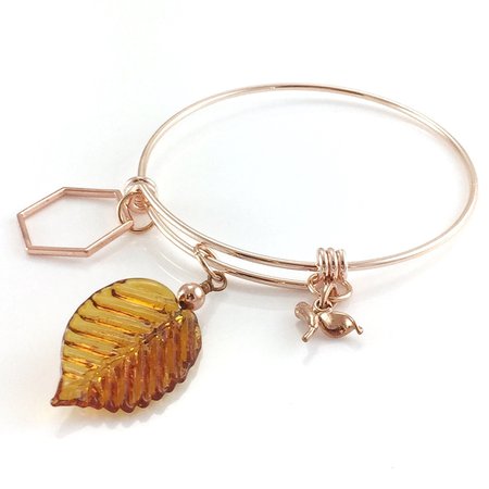 Handmade topaz lampwork glass leaf charm bangle in rose gold finish | Jennie Merritt